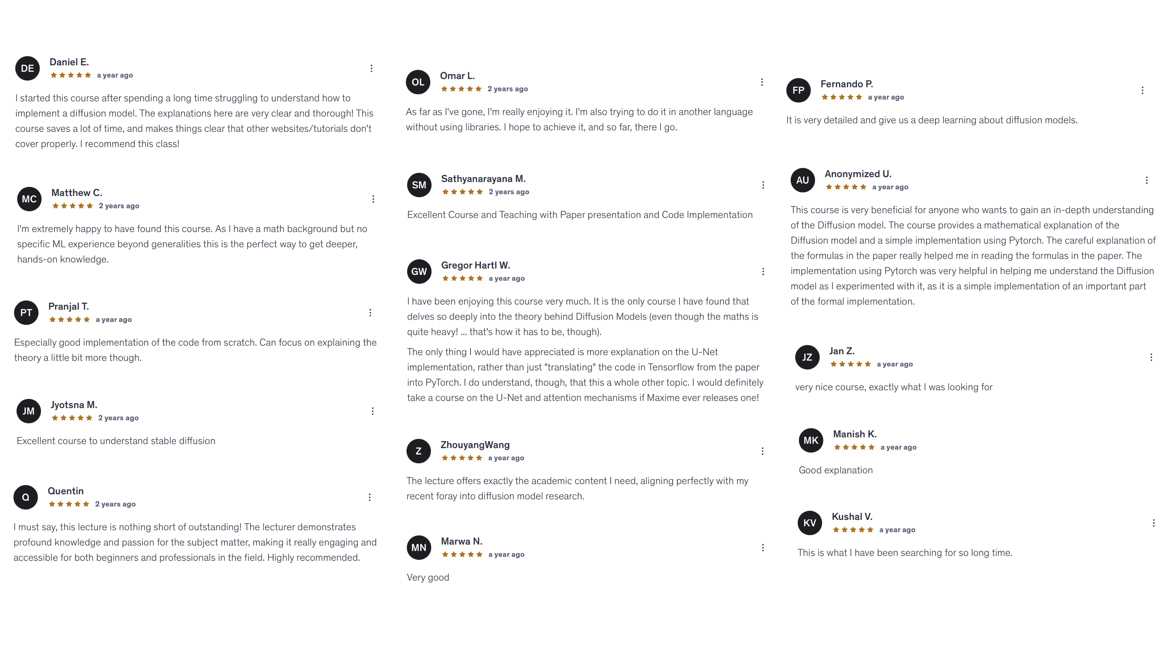 Diffusion Models course student reviews and feedback